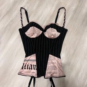 John Galliano vintage pink newspaper printed corset bustier